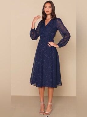 Lulus Evening of Elegance Navy Blue Floral Jacquard Wrap Midi Dress Size S